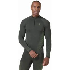 Odlo Base Layer Top Turtle Neck Long Sleeve Half Zip Performance Warm Eco Homme Vert -Tenue Active main 196222 10826 Model Front Crop 1 993a